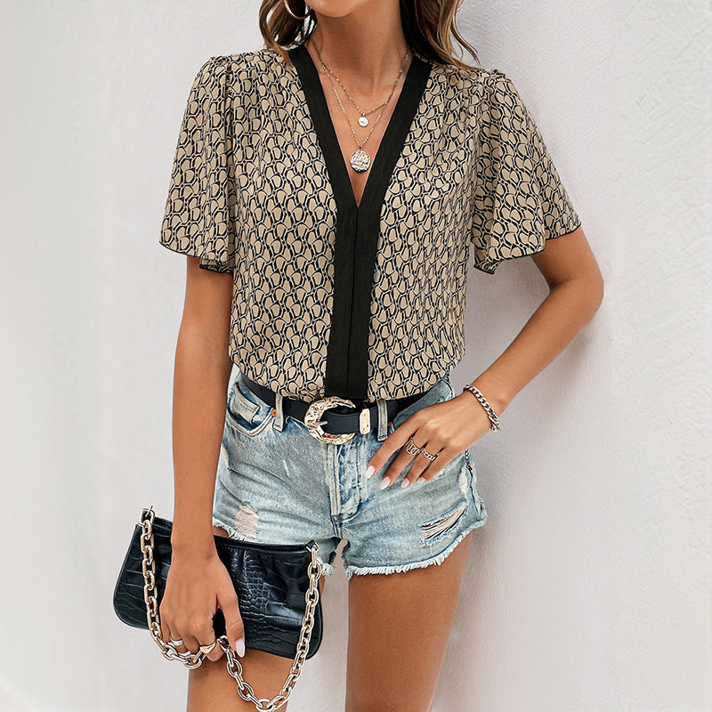 Damen modische Bluse mit V-Ausschnitt und feinem Muster R&B