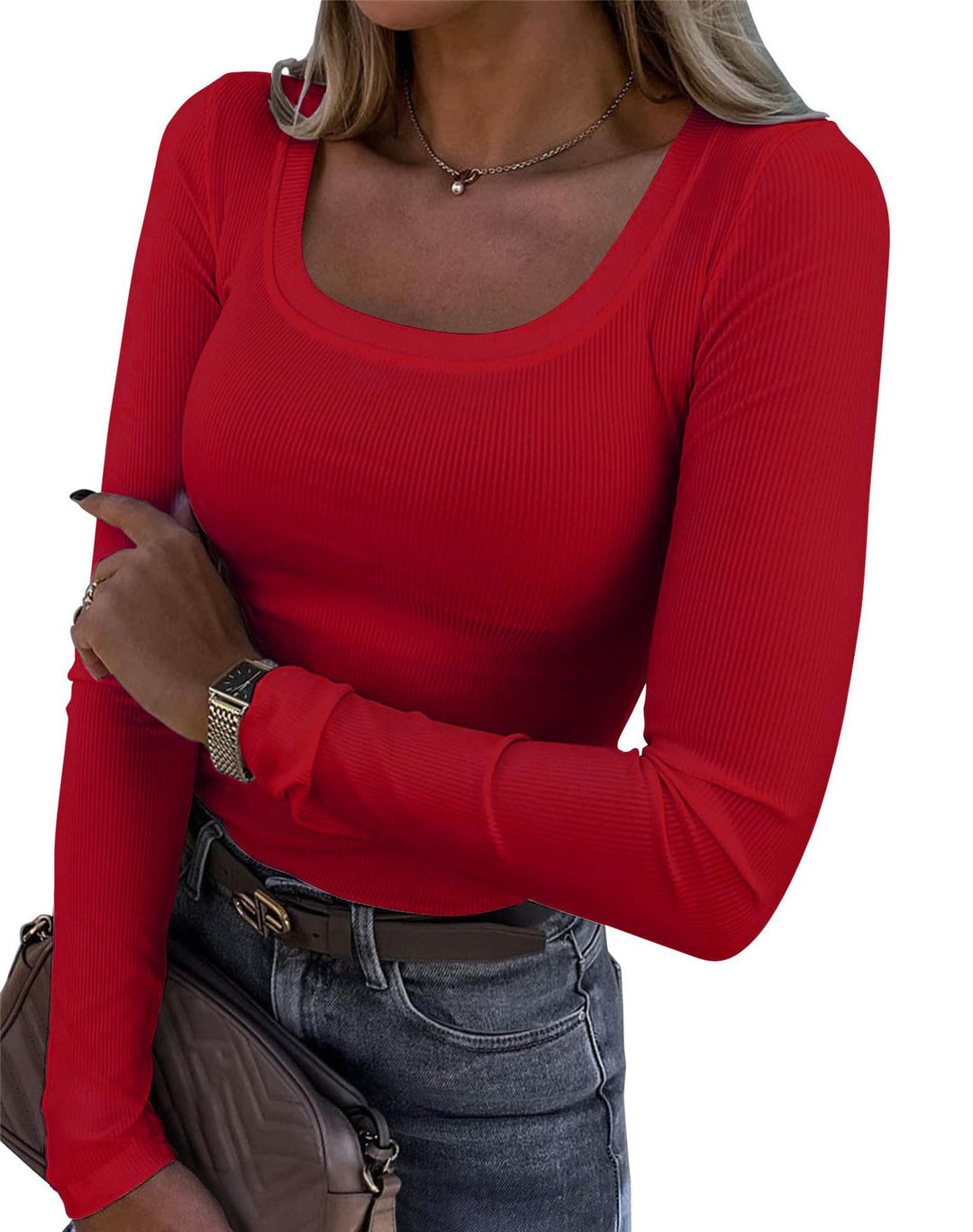 Damen Langarm Ripp-T-Shirt mit elegantem U-Boot-Ausschnitt R&B
