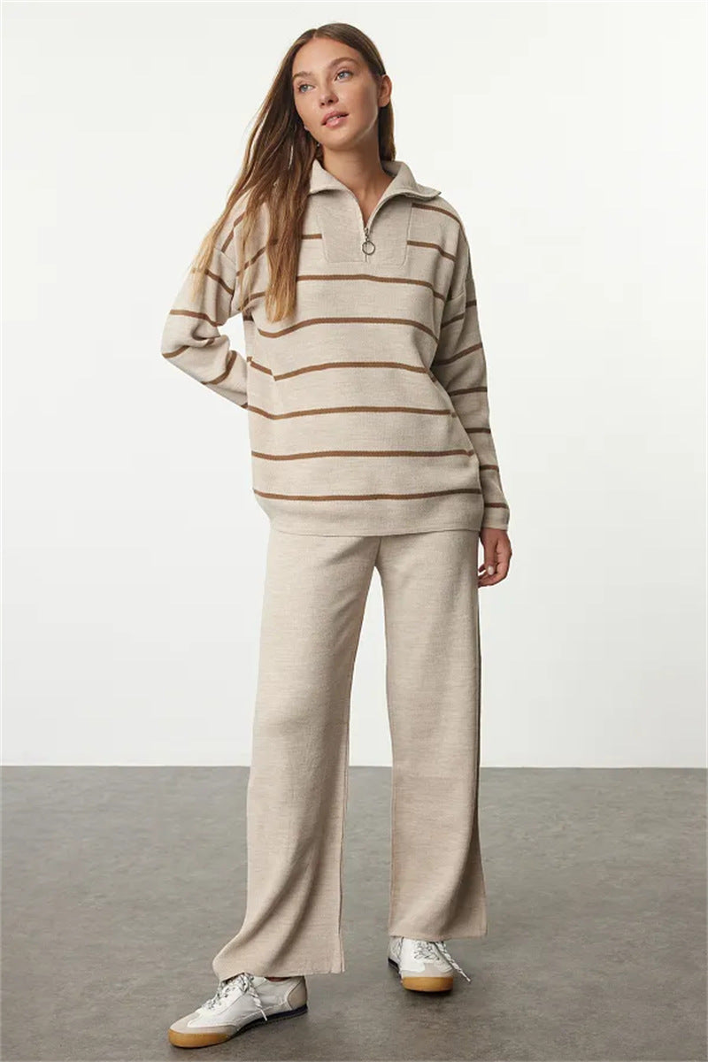 Damen lässiger Strickpullover mit halbem Reißverschluss und weitem Schnitt R&B