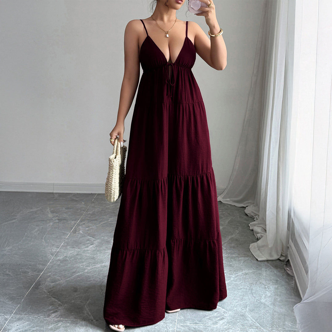 Damen Elegantes Maxikleid mit verstellbaren Spaghettiträgern und Rüschendetails R&B