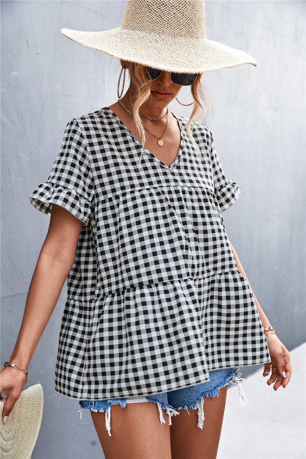 Damen Blusenshirt mit rüschenförmigem Saum und Karomuster R&B