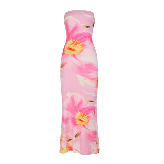 Damen elegantes Maxi-Kleid mit asymmetrischem Schnitt und floralem Designelement R&B