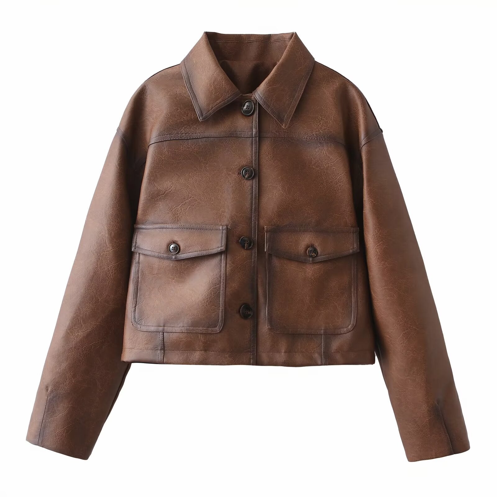 Damen Kunstlederjacke im modernen Cropped-Design mit praktischen Taschen R&B