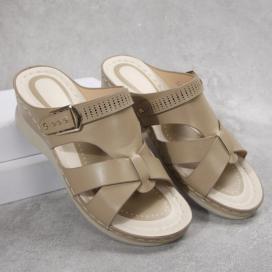 Damen Wedge-Pantoletten mit elegantem Kreuzriemen und komfortablem Fußbett R&B