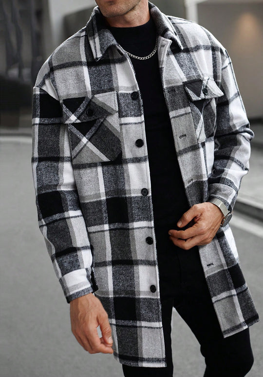 Herren karierte Flanelljacke mit knöpfbaren Taschen und modernem Schnitt R&B