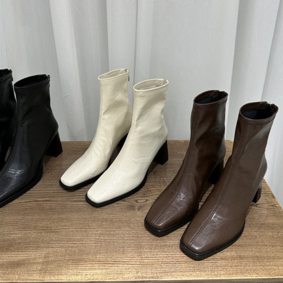 Damen Trendige Ankle Boots mit hohem Blockabsatz und edler Lederoberfläche R&B