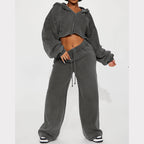 Damen nan Kapuzen-Crop-Top und weite Jogginghose Lounge-Set aus weichem Fleece R&B