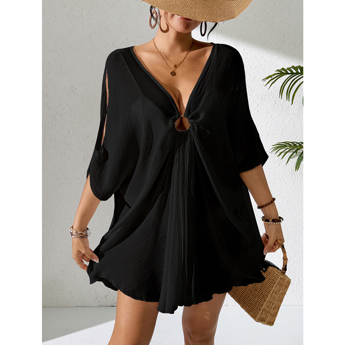 Damen Strandkleid mit tiefem V-Ausschnitt und lockerem Schnitt R&B