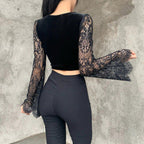 Damen Crop-Top mit eleganten Spitze-Ärmeln und figurbetontem Schnitt R&B
