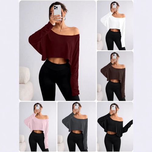 Damen Lässiges Crop-Top mit weitem Schnitt und asymmetrischem Ausschnitt R&B