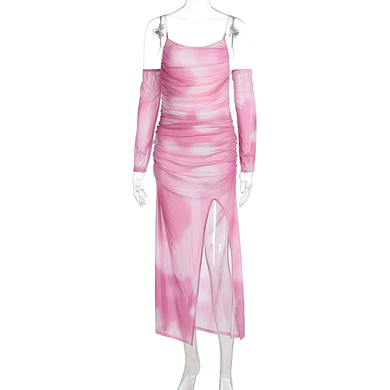 Damen Maxikleid mit raffinierten Rüschendetails und transparenten Ärmeln R&B