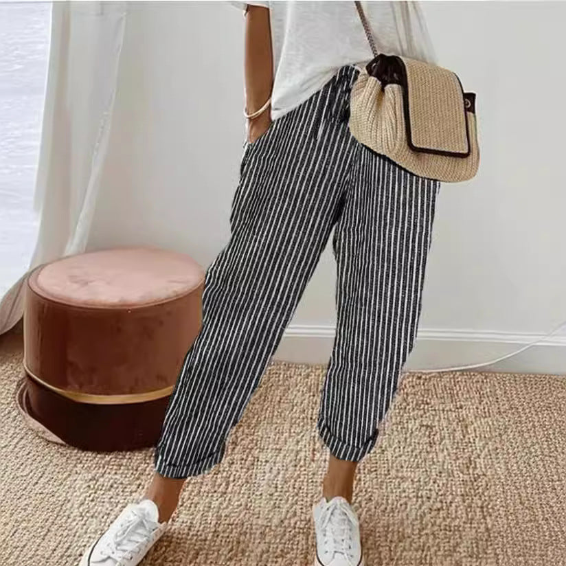 Damen lässige Streifenhose mit elastischem Bund und praktischen Eingrifftaschen R&B