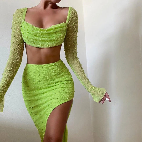 Damen Elegantes Crop-Top mit langen, transparenten Ärmeln und funkelnden Akzenten R&B