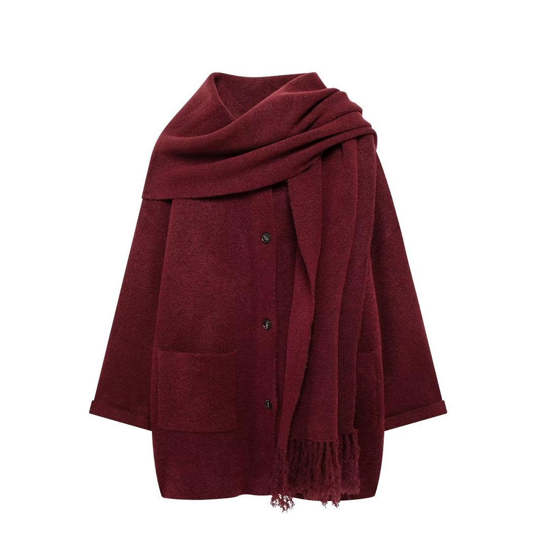 Damen stylische Strickjacke mit Schal und Knopfdetails R&B
