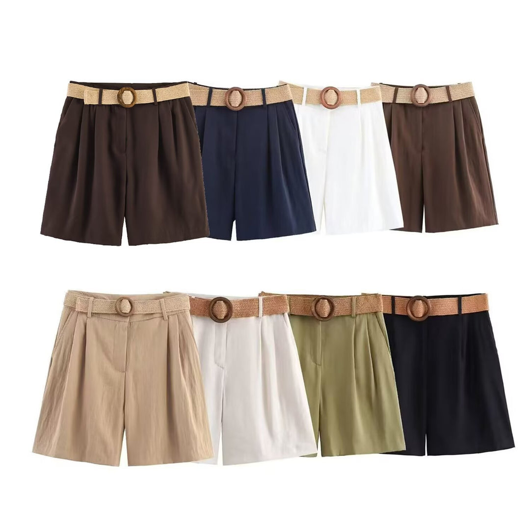 Damen elegante Shorts mit breitem, geflochtenem Gürtel R&B