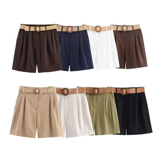 Damen elegante Shorts mit breitem, geflochtenem Gürtel R&B