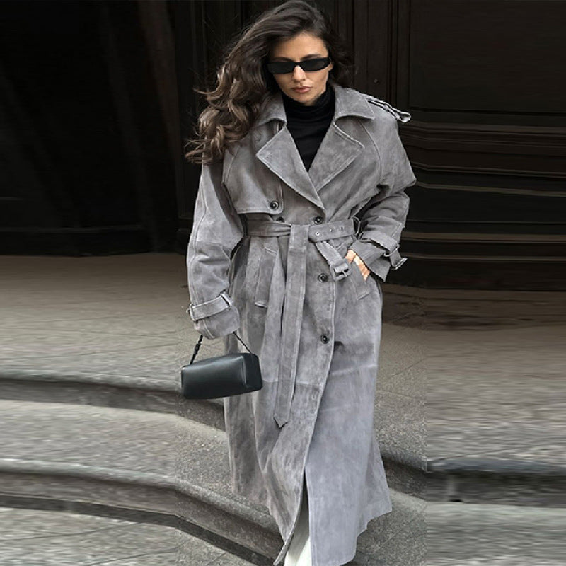 Damen Eleganter Long-Trenchcoat aus weichem Wildleder R&B