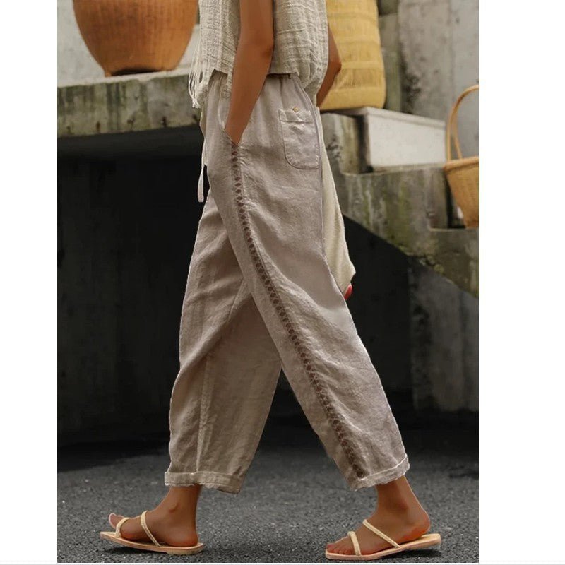 Damen Leichte Leinenhose mit seitlichen Knopfdetails R&B