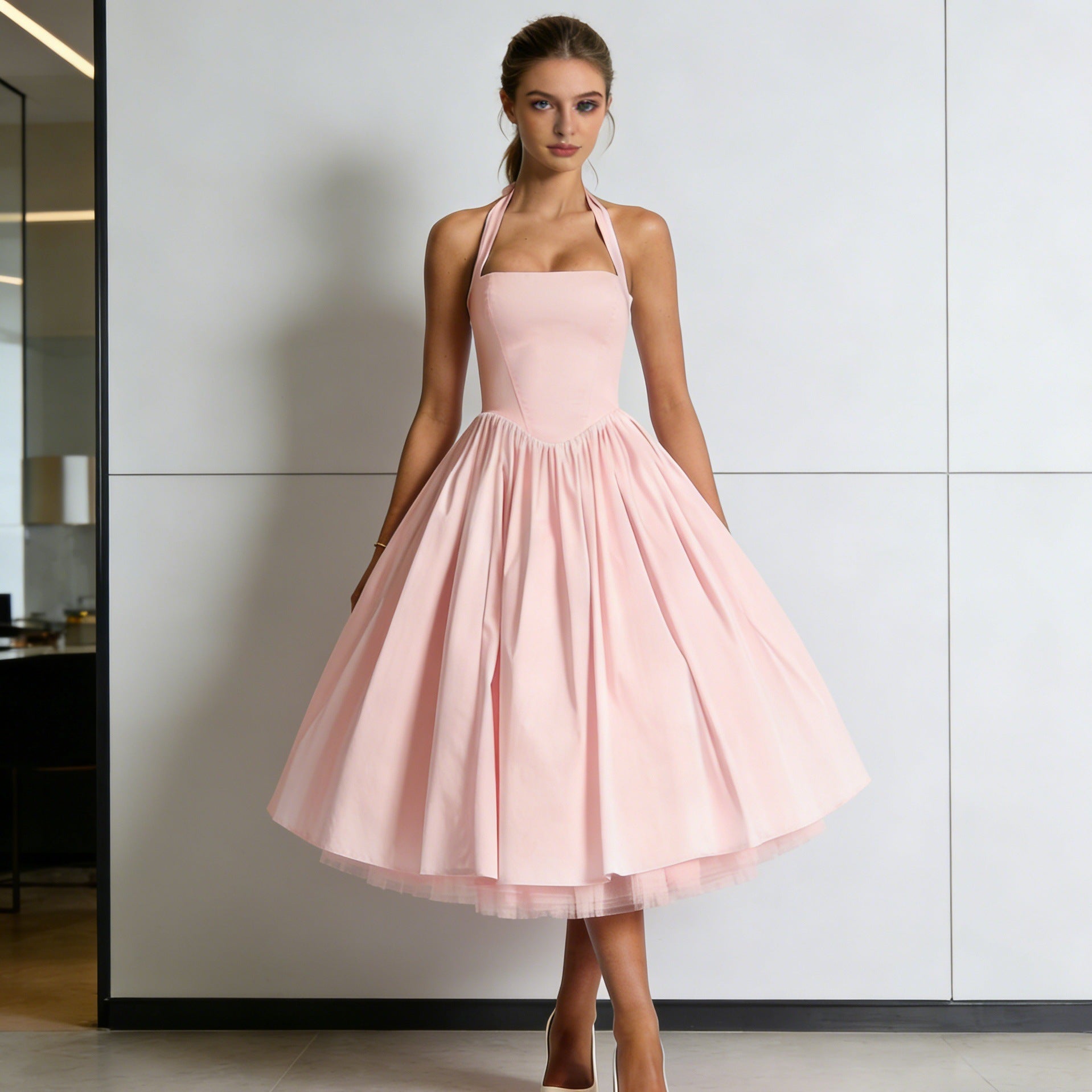 Damen Elegantes A-Linien Cocktailkleid mit schulterfreier Halterung und weichem Baumwollstoff R&B