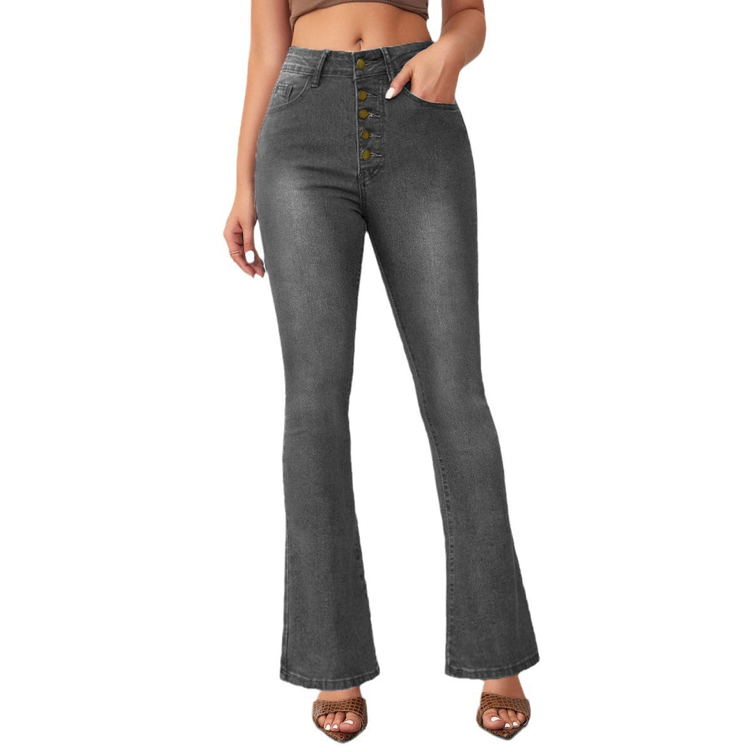 Damen Flared Jeans mit hohen Bund und modischen Knopfdetails R&B