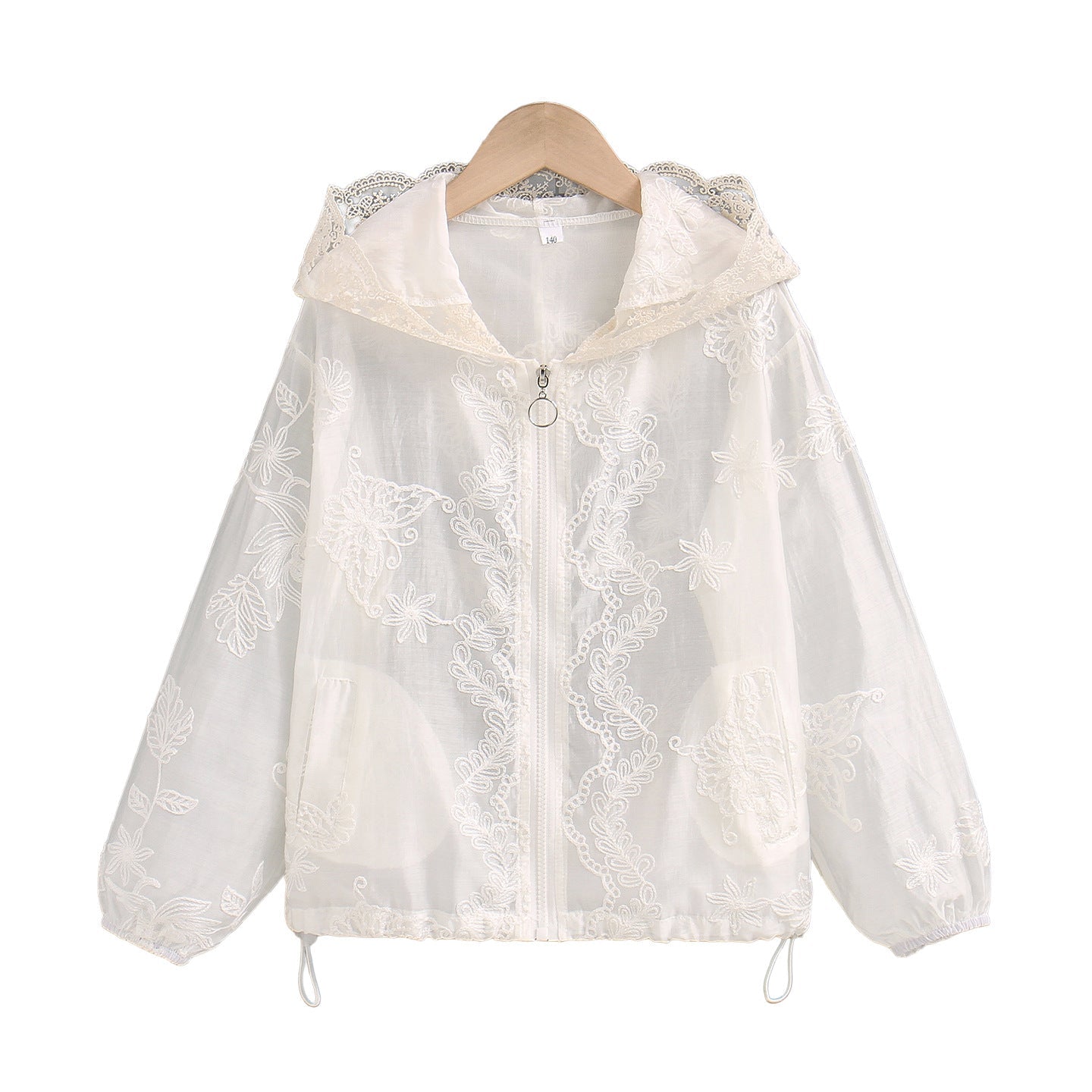 Damen nan transparente bestickte Kapuzenjacke mit Reißverschluss und Tunnelzug R&B