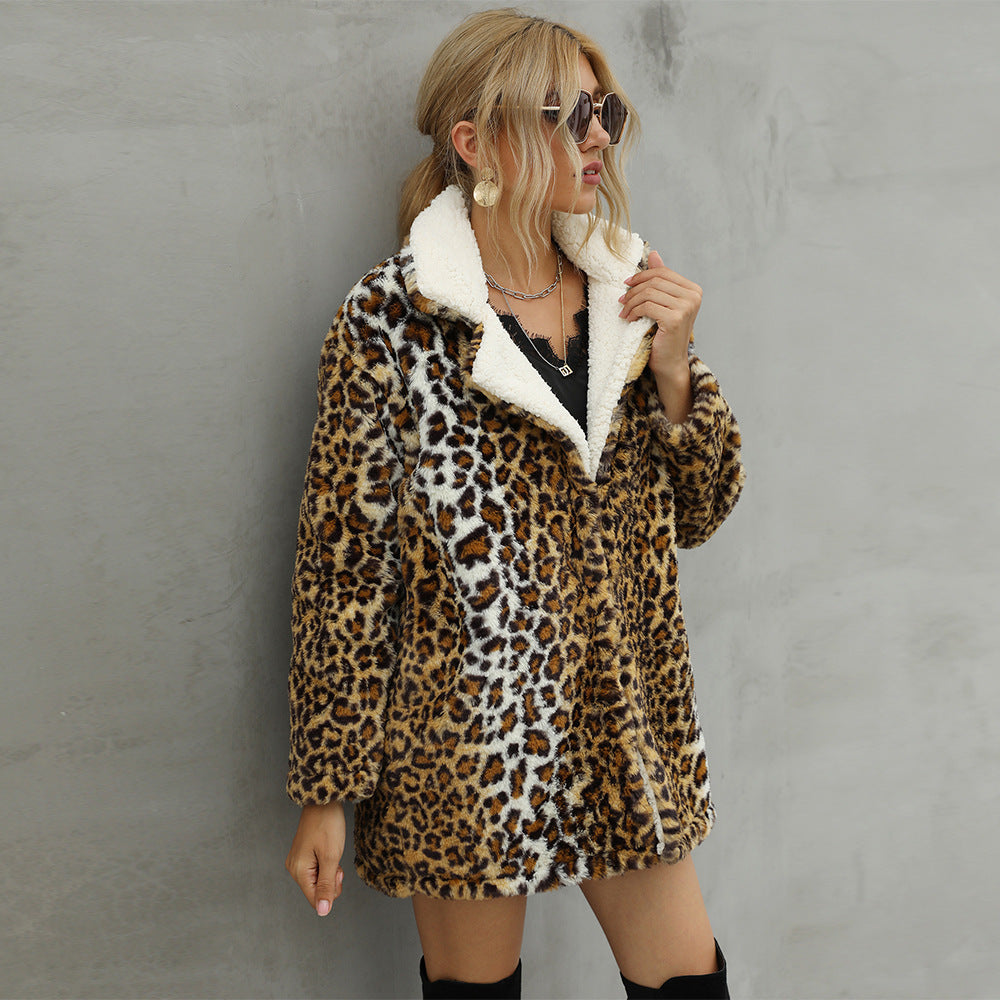 Damen Kunstfelljacke mit modischem Leopardenmuster und weichem Innenfutter R&B