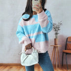 Damen Grobstrickpullover mit modischem Streifenmuster und weitem Schnitt R&B