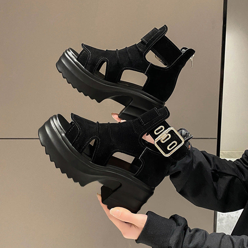 Damen nan Plateau-Sandaletten-Stiefelette mit Aussparungen offener Zehenpartie und verstellbarer Metallschnalle R&B