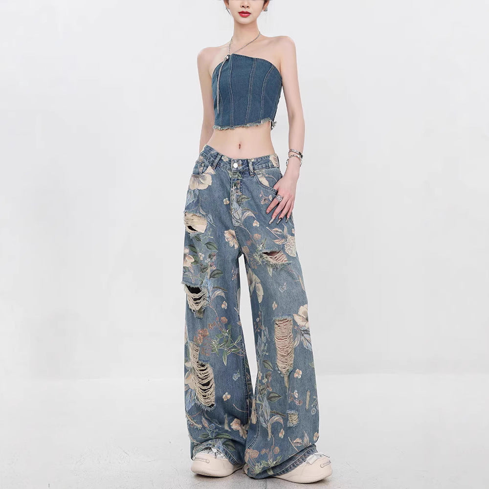 Damen Weit geschnittene Jeans mit floralem Design und schickem Destroyed-Effekt R&B