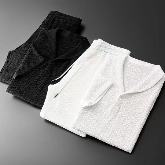 Damen lässiges Kurzarm-Set mit strukturiertem Gewebe und elastischem Bund R&B