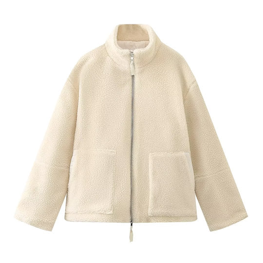 Damen Flauschige Fleecejacke mit hohem Kragen und praktischen Taschen R&B