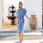 Damen Denim Hemdkleid mit Wickelgürtel und überschnittenen Ärmeln R&B