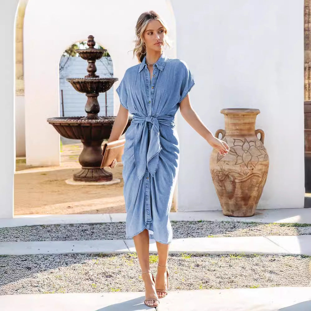 Damen Denim Hemdkleid mit Wickelgürtel und überschnittenen Ärmeln R&B