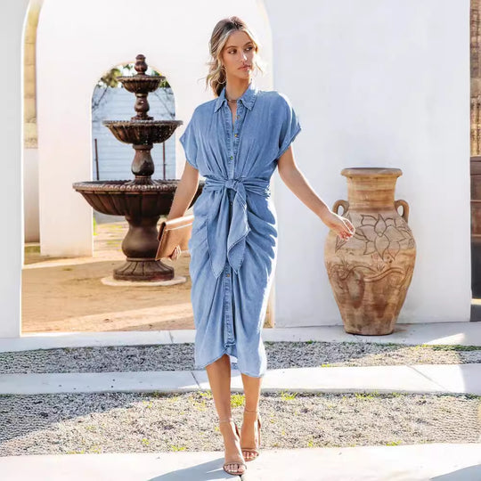 Damen Denim Hemdkleid mit Wickelgürtel und überschnittenen Ärmeln R&B