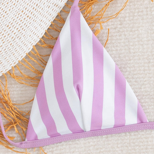 Damen Triangel-Bikini mit trendigen Streifen und verspielten Bindebändern R&B
