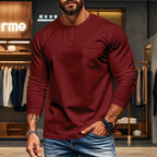 Herren nan figurbetontes Henley-Langarmshirt mit Brusttasche und feinem Stretchjersey R&B