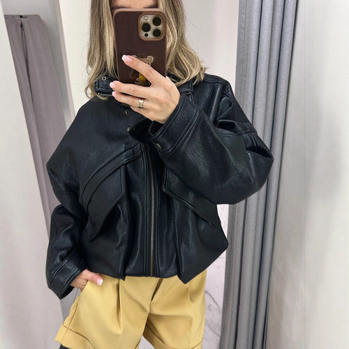 Damen Oversized Kunstlederjacke mit dekorativen Details R&B