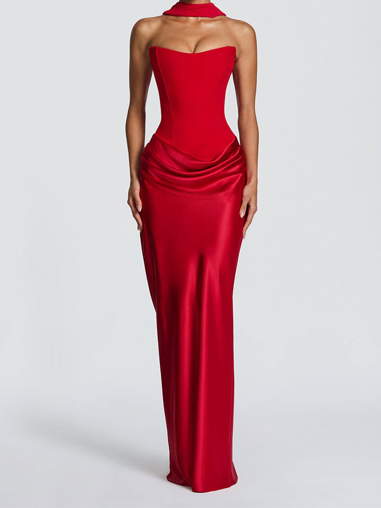 Damen Elegantes Langarm-Maxikleid mit raffinierten Drapierungen R&B