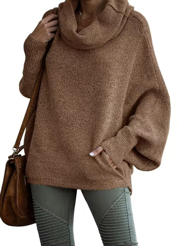 Damen lässiger Strickpullover mit weichem Stehkragen und weit geschnittenen Ärmeln R&B
