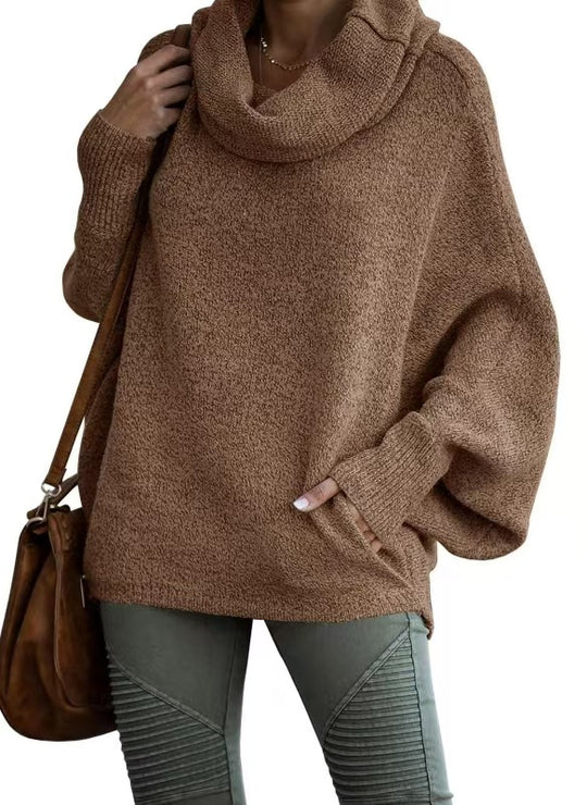 Damen lässiger Strickpullover mit weichem Stehkragen und weit geschnittenen Ärmeln R&B