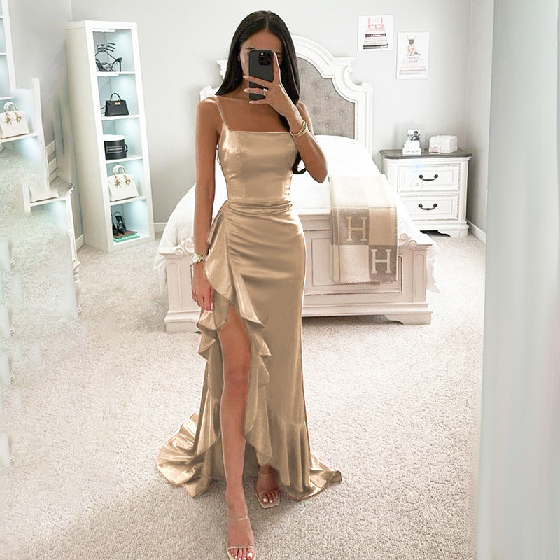 Damen elegantes Maxikleid mit seitlichem Schlitz und fließendem Rüschensaum R&B