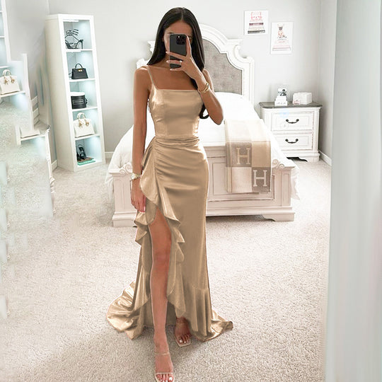 Damen elegantes Maxikleid mit seitlichem Schlitz und fließendem Rüschensaum R&B