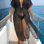 Damen transparenter Strandüberwurf mit verspieltem Häkelmuster R&B