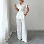 Damen elegantes Zweiteiliges Set mit taillierter Bluse und weit geschnittenen Hosen R&B