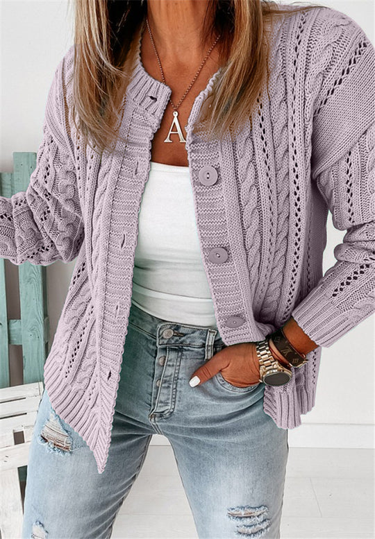 Damen modische Strickjacke mit Zopfdesign und großen Knöpfen R&B