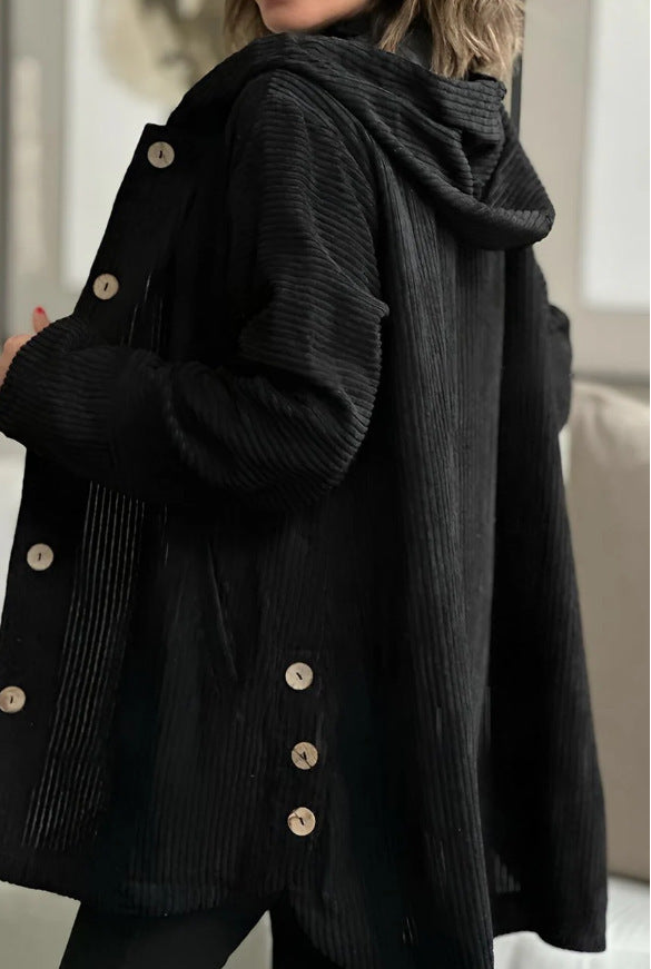 Damen Lässige cordjacke mit Kapuze und großen Knöpfen R&B