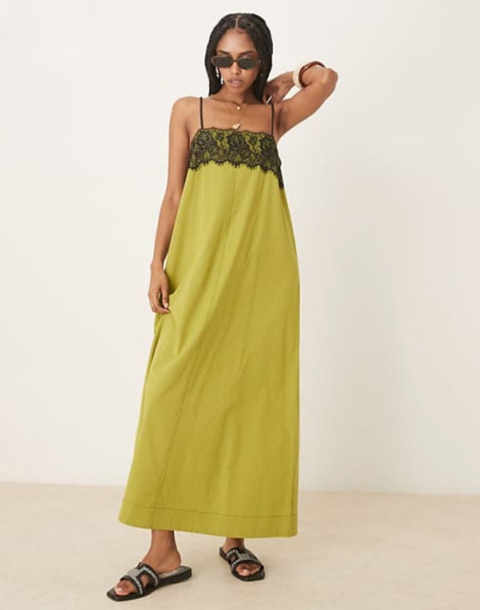 Damen nan nachtwäscheinspiriertes Maxikleid mit Spitzenbustier und schmalen Spaghettiträgern R&B