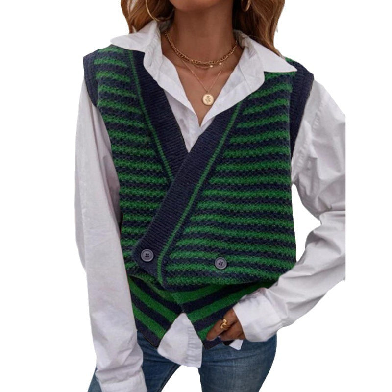 Damen Strickweste mit modischem Streifenmuster und doppeltem Knopfverschluss R&B
