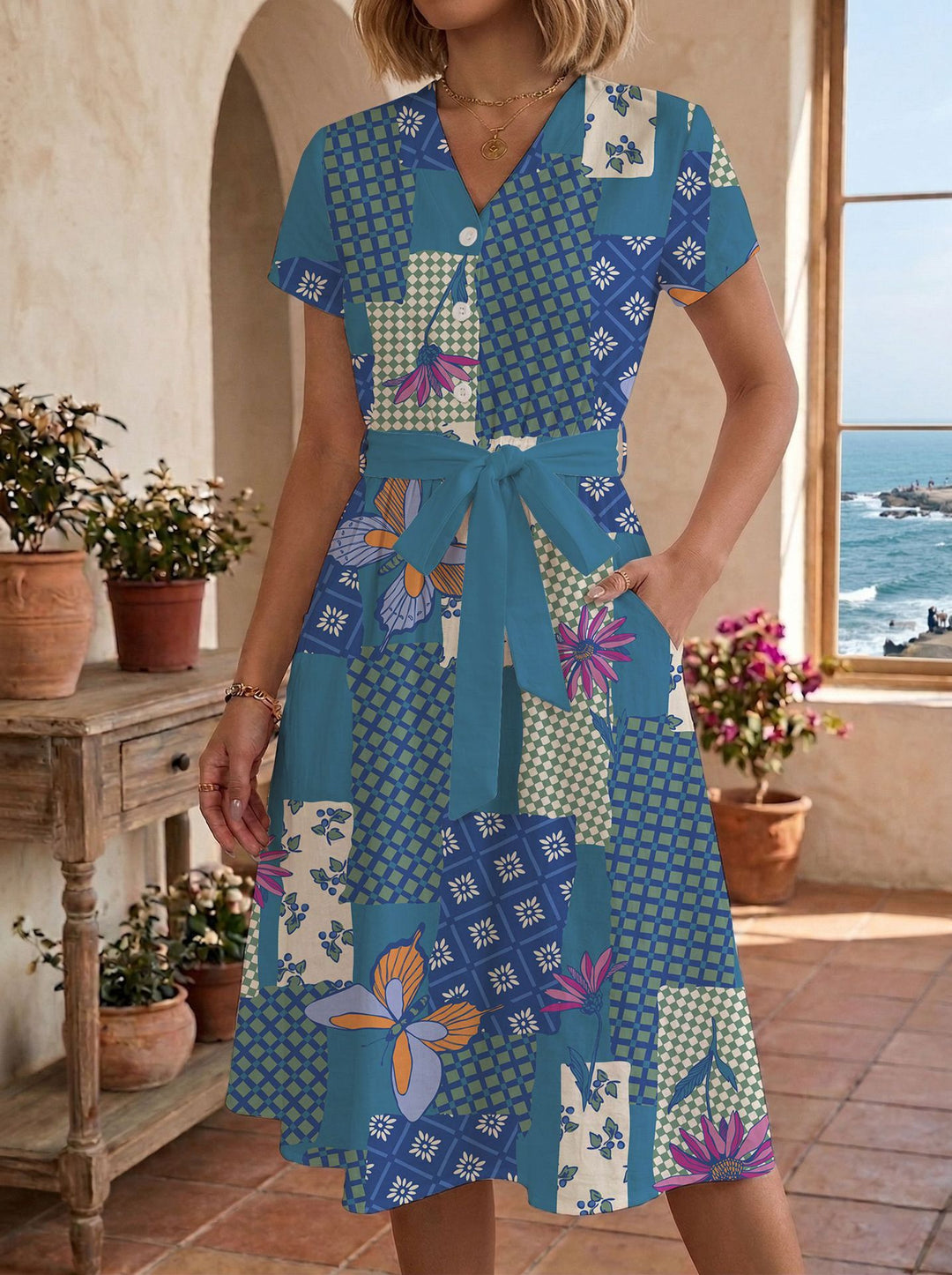 Damen Sommerliches Kleid mit taillierbarem Bindegürtel und floralem Muster R&B