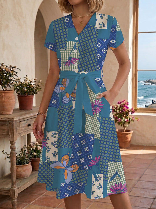 Damen Sommerliches Kleid mit taillierbarem Bindegürtel und floralem Muster R&B
